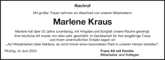 Traueranzeige von Marlene Kraus von Bayerwald Echo