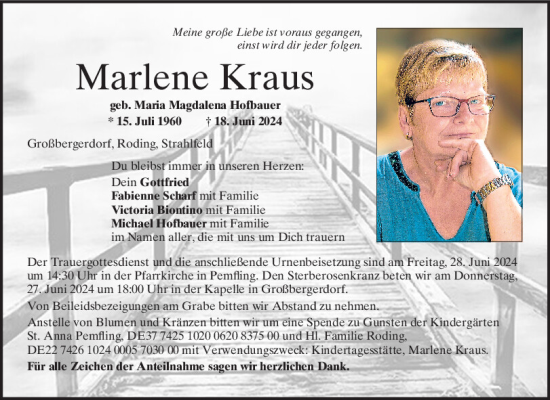 Traueranzeige von Marlene Kraus von Bayerwald Echo