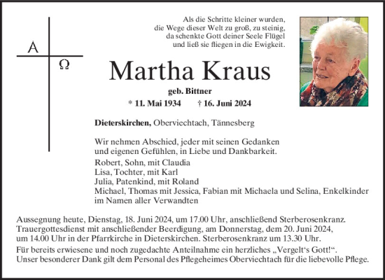 Traueranzeige von Martha Kraus von Mittelbayerische Zeitung Schwandorf