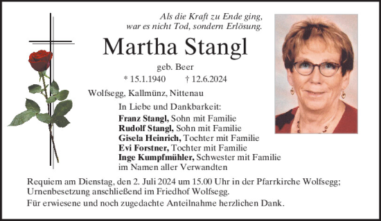 Traueranzeige von Martha Stangl von Mittelbayerische Zeitung Regensburg