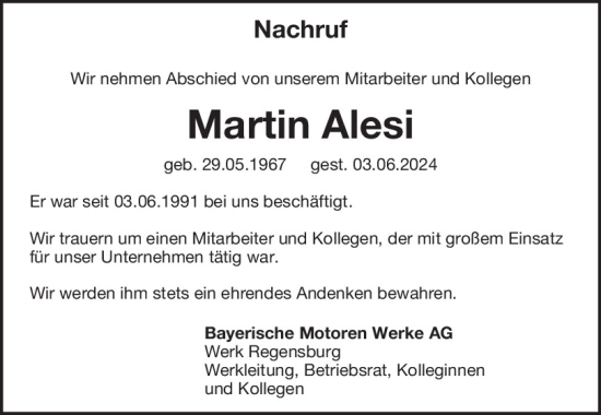 Traueranzeige von Martin Alesi von Mittelbayerische Zeitung Regensburg