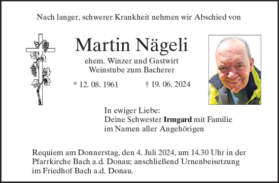 Traueranzeige von Martin Nägeli von Mittelbayerische Zeitung Regensburg