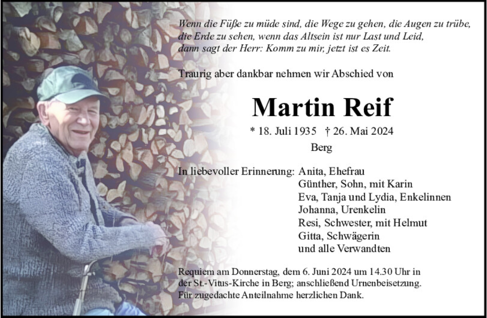  Traueranzeige für Martin Reif vom 03.06.2024 aus Neumarkter Tagblatt