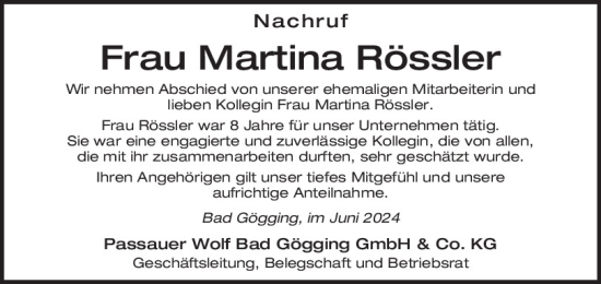 Traueranzeige von Martina Rössler von Mittelbayerische Zeitung Kelheim