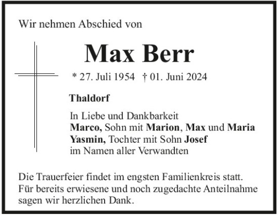 Traueranzeige von Max Berr von Mittelbayerische Zeitung Kelheim
