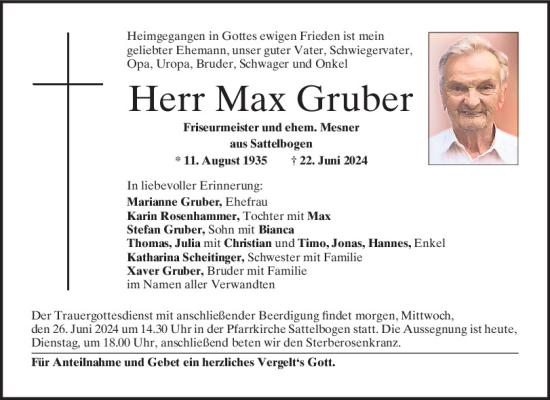 Traueranzeige von Max Gruber von Bayerwald Echo