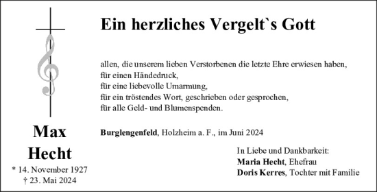 Traueranzeige von Max Hecht von Mittelbayerische Zeitung Regensburg