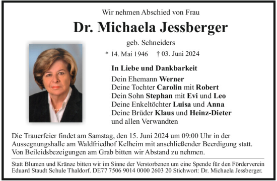 Traueranzeige von Michaela Jessberger von Mittelbayerische Zeitung Kelheim