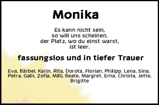 Traueranzeige von Monika  von Bayerwald Echo
