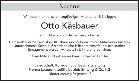 Traueranzeige von Otto Käsbauer von Mittelbayerische Zeitung Schwandorf