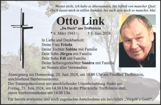 Traueranzeige von Otto Link von Bayerwald Echo