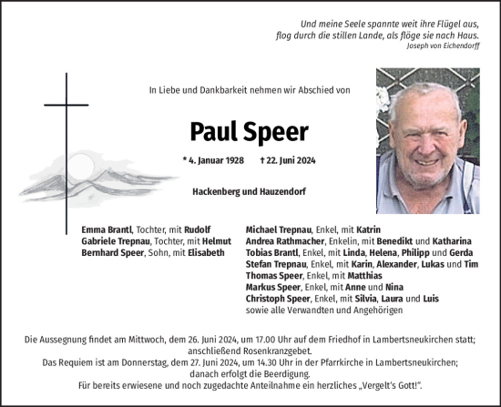 Traueranzeige von Paul Speer von Mittelbayerische Zeitung Regensburg