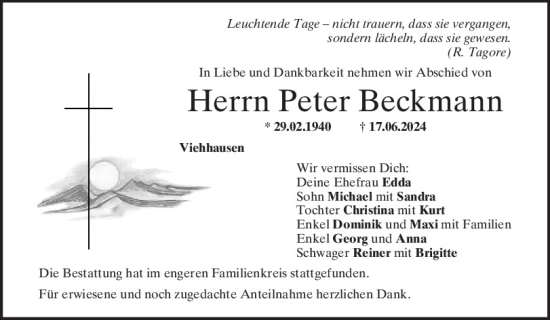 Traueranzeige von Peter Beckmann von Mittelbayerische Zeitung Regensburg