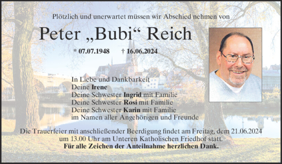 Traueranzeige von Peter  Reich von Mittelbayerische Zeitung Regensburg