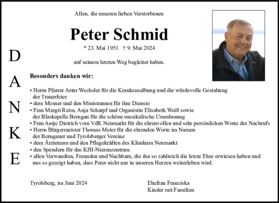 Traueranzeige von Peter Schmid von Neumarkter Tagblatt