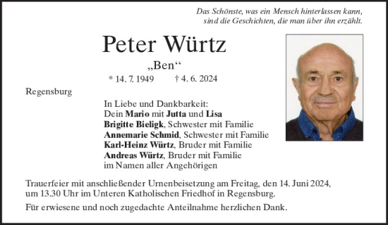 Traueranzeige von Peter Würtz von Mittelbayerische Zeitung Regensburg
