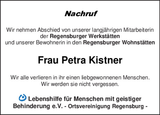 Traueranzeige von Petra Kistner von Mittelbayerische Zeitung Regensburg