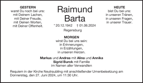 Traueranzeige von Raimund Barta von Mittelbayerische Zeitung Regensburg