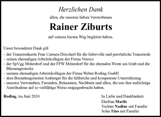 Traueranzeige von Rainer Ziburts von Bayerwald Echo