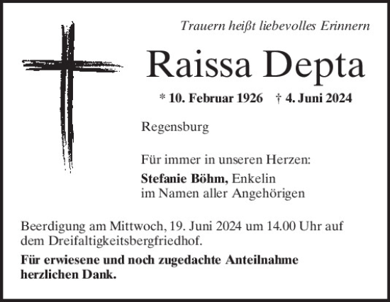 Traueranzeige von Raissa Depta von Mittelbayerische Zeitung Regensburg
