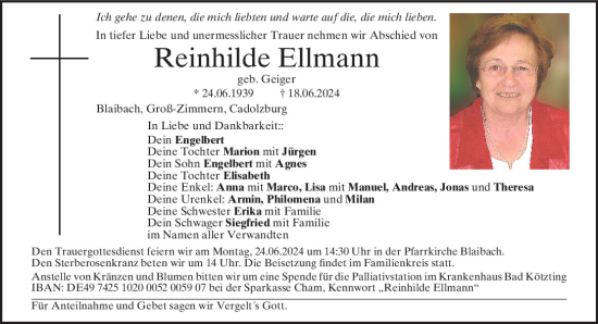 Traueranzeige von Reinhilde Ellmann von Bayerwald Echo