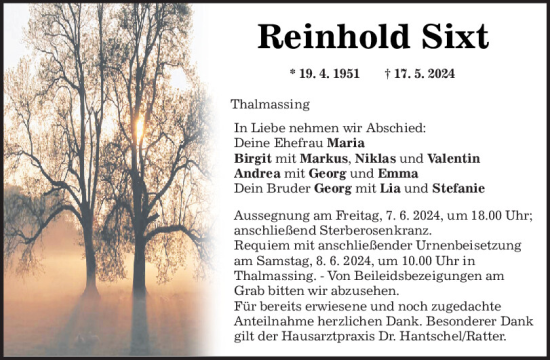 Traueranzeige von Reinhold Sixt von Mittelbayerische Zeitung Regensburg