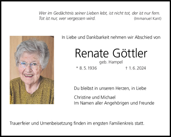 Traueranzeige von Renate Göttler von Mittelbayerische Zeitung Kelheim