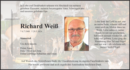 Traueranzeige von Richard Weiß von Bayerwald Echo