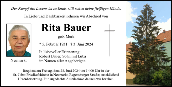 Traueranzeige von Rita Bauer von Neumarkter Tagblatt