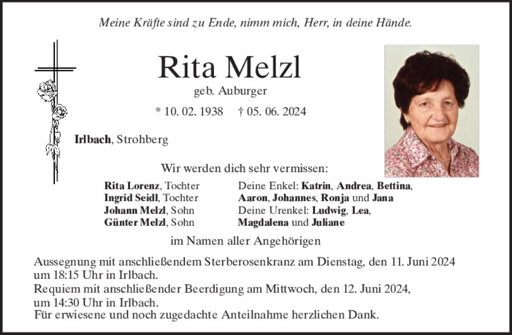  Traueranzeige für Rita Melzl vom 08.06.2024 aus Mittelbayerische Zeitung Regensburg