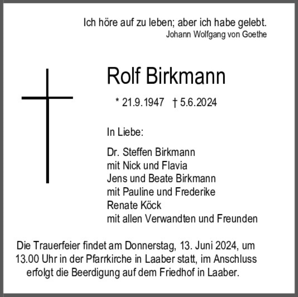  Traueranzeige für Rolf Birkmann vom 08.06.2024 aus Mittelbayerische Zeitung Regensburg