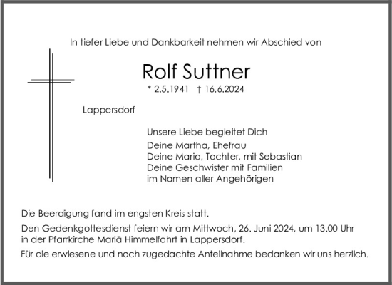 Traueranzeige von Rolf Suttner von Mittelbayerische Zeitung Regensburg