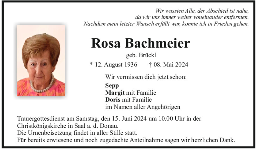  Traueranzeige für Rosa Bachmeier vom 13.06.2024 aus Mittelbayerische Zeitung Kelheim