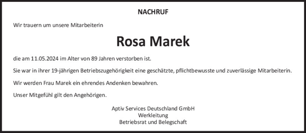  Traueranzeige für Rosa Marek vom 07.06.2024 aus Neumarkter Tagblatt