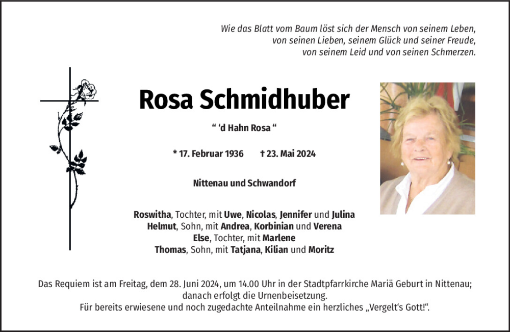  Traueranzeige für Rosa Schmidhuber vom 22.06.2024 aus Mittelbayerische Zeitung Schwandorf