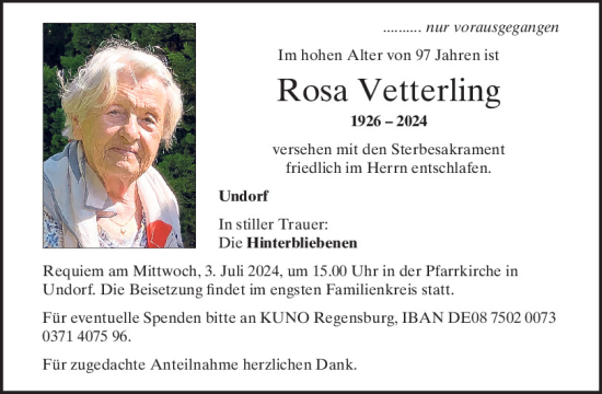 Traueranzeige von Rosa Vetterling von Mittelbayerische Zeitung Regensburg