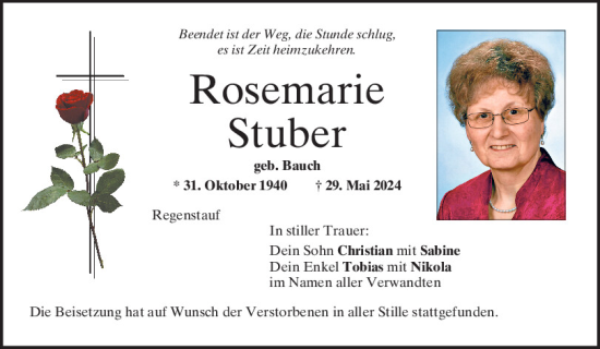 Traueranzeige von Rosemarie Stuber von Mittelbayerische Zeitung Regensburg