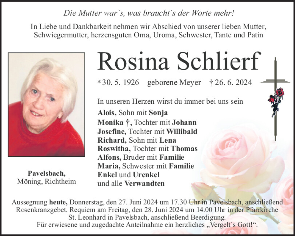  Traueranzeige für Rosina Schlierf vom 27.06.2024 aus Neumarkter Tagblatt