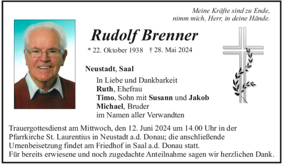 Traueranzeige von Rudolf Brenner von Mittelbayerische Zeitung Kelheim