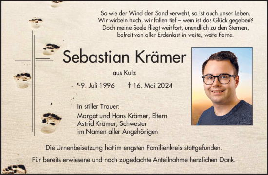 Traueranzeige von Sebastian Krämer von Mittelbayerische Zeitung Schwandorf