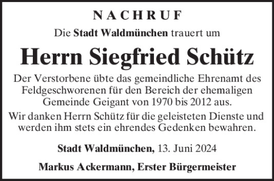 Traueranzeige von Siegfried Schütz von Bayerwald Echo