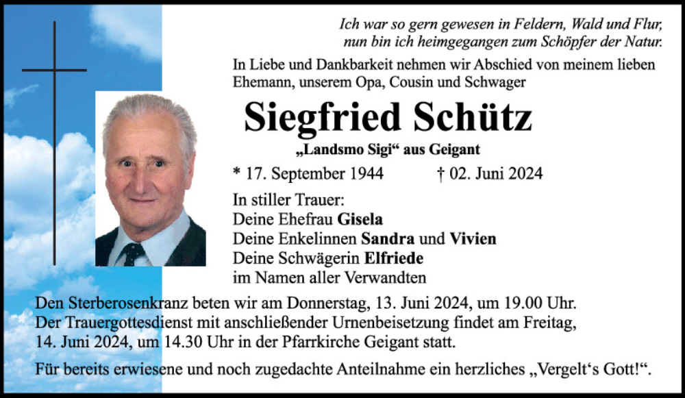  Traueranzeige für Siegfried Schütz vom 12.06.2024 aus Bayerwald Echo