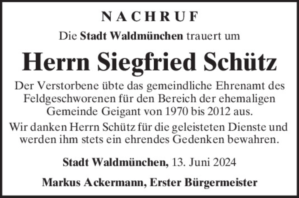  Traueranzeige für Siegfried Schütz vom 13.06.2024 aus Bayerwald Echo