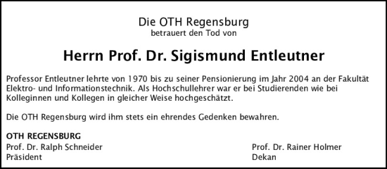 Traueranzeige von Sigismund Entleutner von Mittelbayerische Zeitung Regensburg