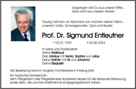 Traueranzeige von Sigmund Entleutner von Mittelbayerische Zeitung Regensburg