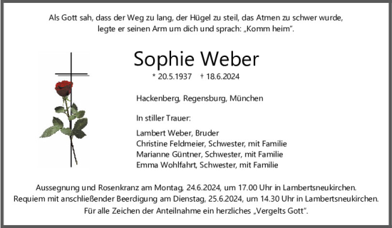 Traueranzeige von Sophie Weber von Mittelbayerische Zeitung Regensburg