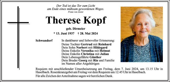 Traueranzeige von Therese Kopf von Mittelbayerische Zeitung Schwandorf