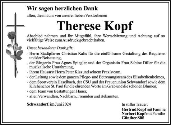 Traueranzeige von Therese Kopf von Mittelbayerische Zeitung Schwandorf