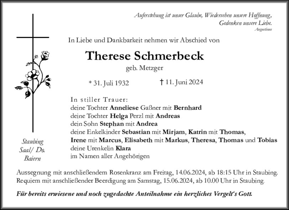  Traueranzeige für Therese Schmerbeck vom 13.06.2024 aus Mittelbayerische Zeitung Kelheim