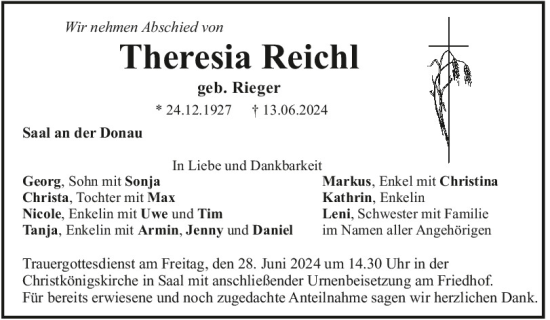 Traueranzeige von Theresia Reichl von Mittelbayerische Zeitung Kelheim